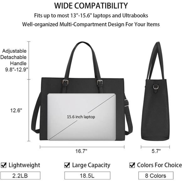 Laptop Bag for Women Waterproof Lightweight Leather 15.6 Inch Computer Tote Bag - Picture 3 of 7